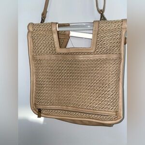 BEIS Cream Woven Textured Travel Tote with acrylic handles and removable strap